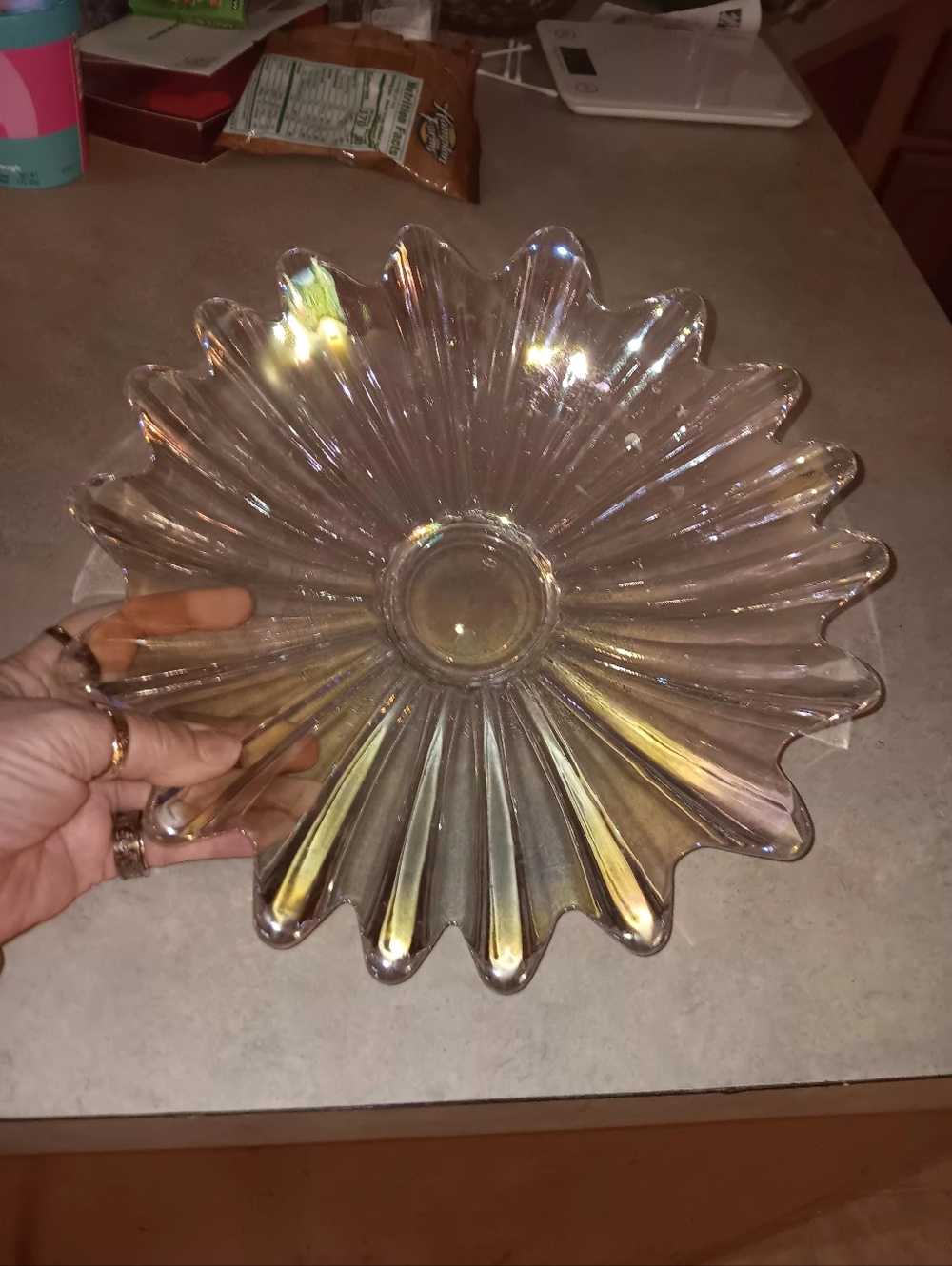 Vintage Federal Glass Celestial Pattern Iridecent Large Shallow Bowl MCM